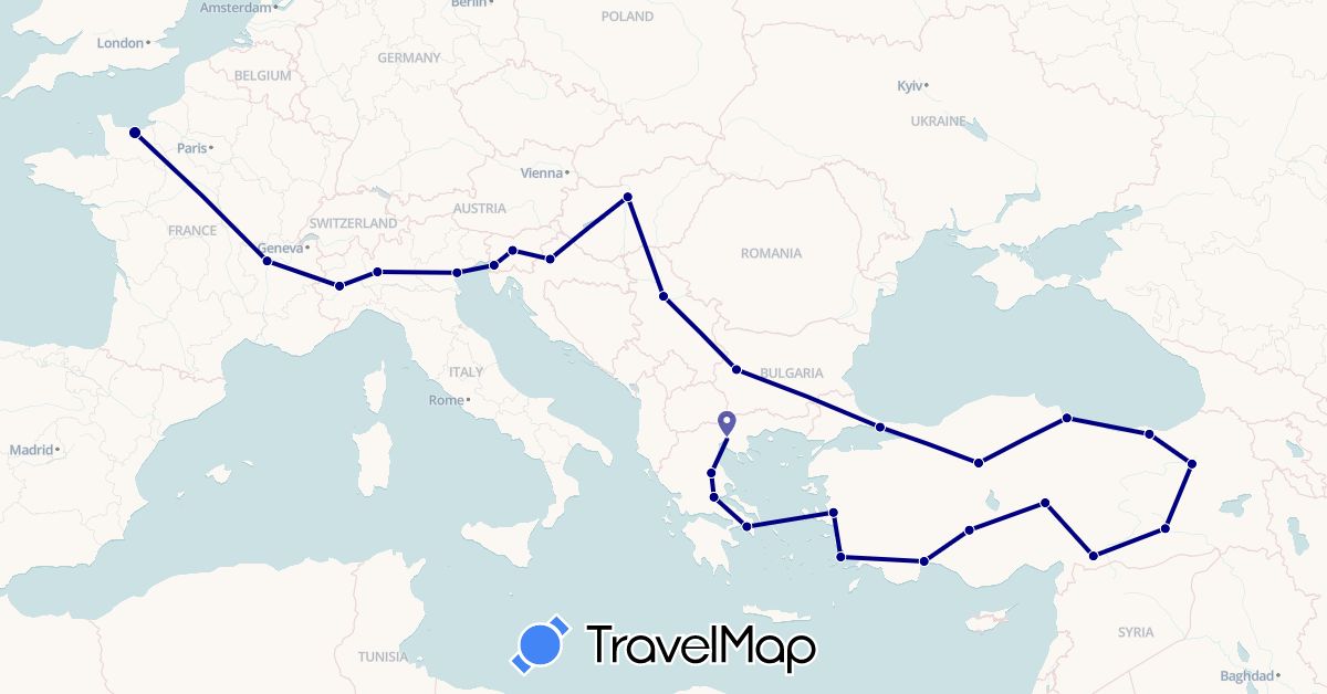 TravelMap itinerary: driving in Bulgaria, France, Greece, Croatia, Hungary, Italy, Serbia, Slovenia, Turkey (Asia, Europe)